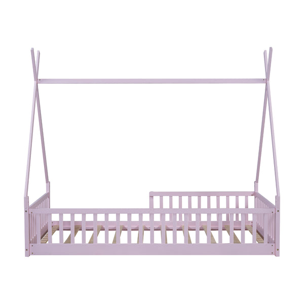 English Elm Twin House Bed with Roof and Fence for Kids – Sturdy Pine Frame, Vintage Wash Design, Safe Sleep Space Pink N709P183348H