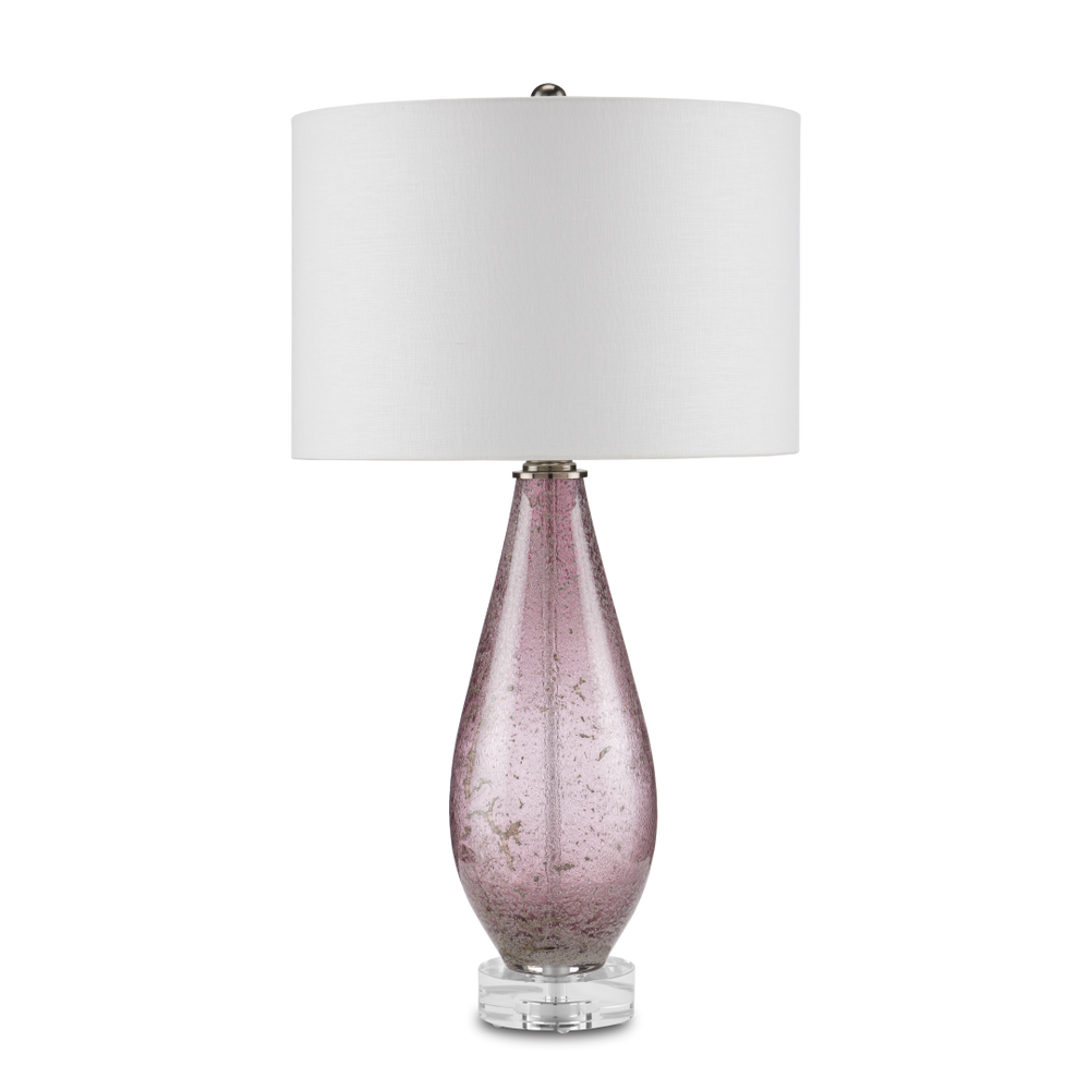 Optimist Handcrafted Purple Glass Table Lamp with Off-White Shade & Antique Nickel Base, 30" Tall