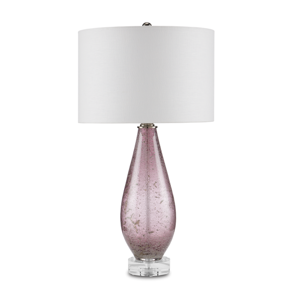 Optimist Handcrafted Purple Glass Table Lamp with Off-White Shade & Antique Nickel Base, 30" Tall