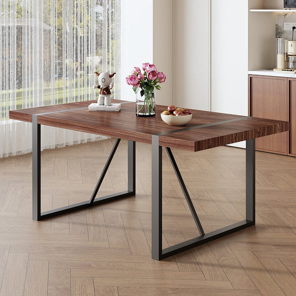 English Elm Industrial Walnut Rectangular Dining Table with Black Metal Legs Seats up to Eight W1151P230573