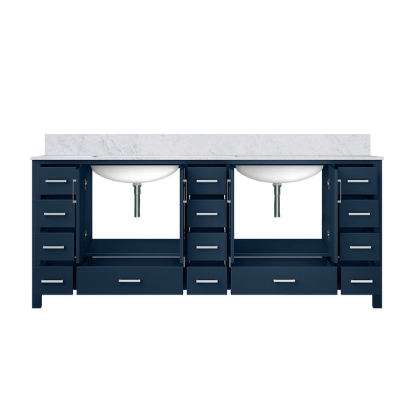 English Elm Navy Wood Double Bath Vanity 84" W x 22" D with Carrara Marble Top, Soft-Close Drawers & Ample Storage B2731P258987