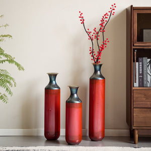 English Elm Floor Red Metal Vase Set 3-Piece Droplet Sculptures — Modern Glazed Tall Decorative Vases for Home W2796P371277