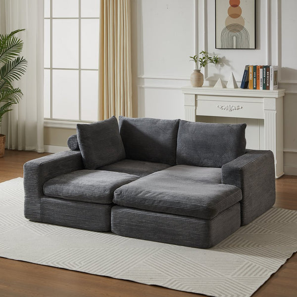 English Elm 99-Inch L-Shaped Corduroy Sectional Sofa With Chaise, Neck Pillows, And No Assembly Needed, Grey W834S00491