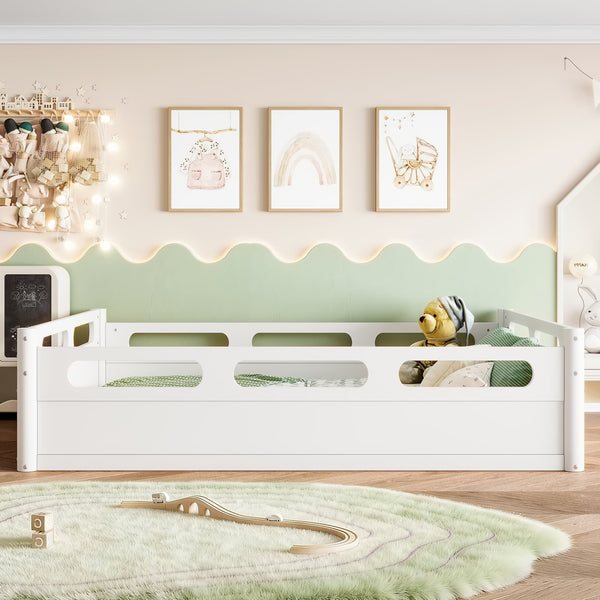 English Elm Twin Low Profile Floor Bed with Guardrails Pine Wood Frame Minimalist Bedroom White W1580P438792