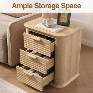 English Elm 22" Fluted Wood Nightstand with Built-in Charging Station Three Drawer Bedside Storage Oak T5326P431150