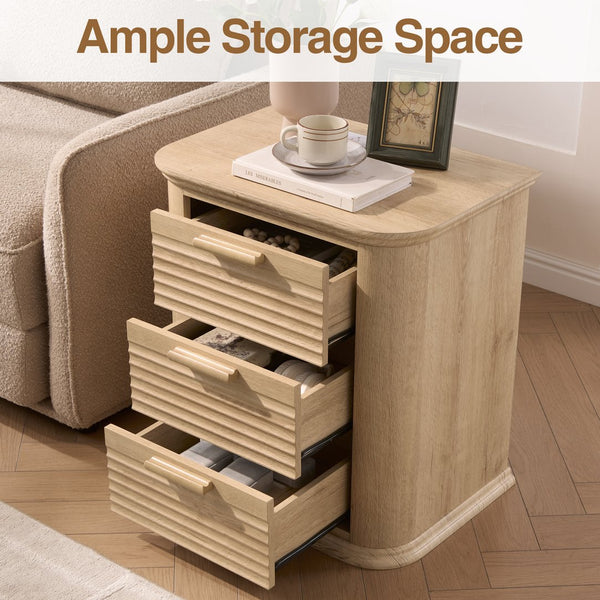 English Elm 22" Fluted Wood Nightstand with Built-in Charging Station Three Drawer Bedside Storage Oak T5326P431150