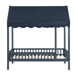 English Elm Navy Solid Wood Twin Canopy Bed Scalloped Fabric Cover Cottage Style Kids Bedroom B011P462897