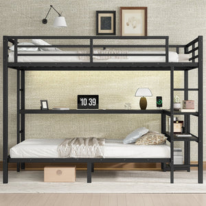 English Elm Full Over Twin Bunk Bed With Integrated Desk, Led Lighting & Usb Ports, Versatile Black Metal Design W1580S00127