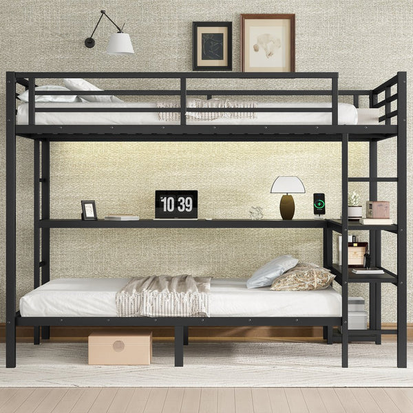 English Elm Full Over Twin Bunk Bed With Integrated Desk, Led Lighting & Usb Ports, Versatile Black Metal Design W1580S00127