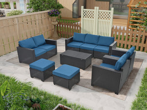 English Elm 10 PE Rattan Patio Furniture Set - 10-Piece Sectional Sofa with Dark Blue Cushions & Glass Storage Table Dark Brown W1703S00043
