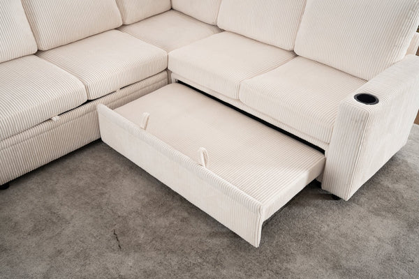 English Elm Sectional Corduroy Sleeper Sofa with Storage and Charging Ports for Small Spaces White W1361S00075