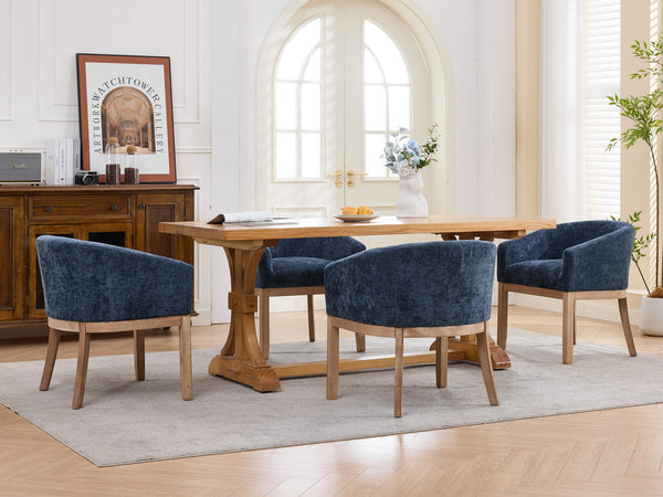 English Elm Mid Century Barrel Accent Chair Chenille Upholstery Rubberwood Legs Dining Room Blue W1143P449337