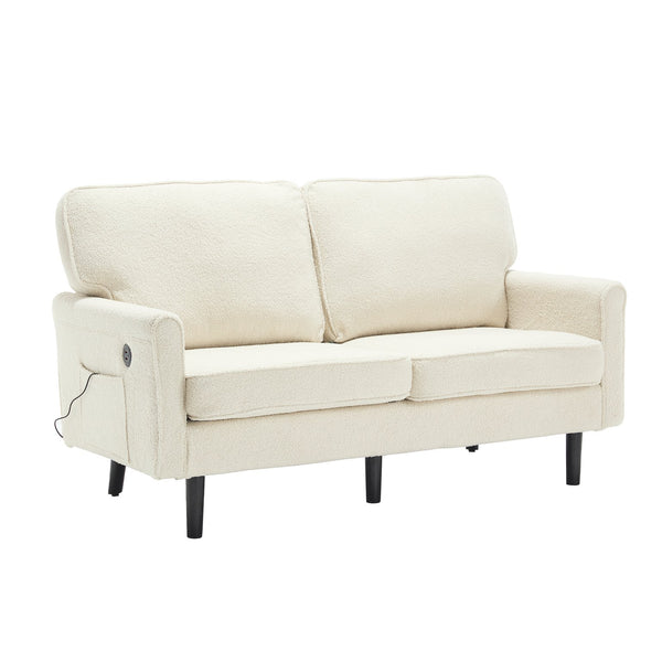 English Elm Loveseat Mid Century Modern Two-Seater Sofa with USB Type-C Charging, Removable Zipper Covers, Durable Wood Legs Beige W395P238823