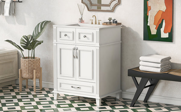 English Elm 24'' Retro Bathroom Vanity Solid Rubberwood Frame Ceramic Sink Soft Close Storage White N710P405405K