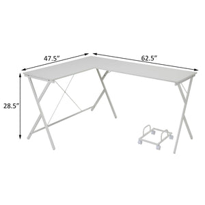 English Elm White L-shaped Corner Desk with Rolling CPU Holder, X-Frame Metal Base, Spacious Dual Work Surfaces B062P184555
