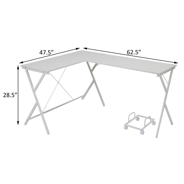 English Elm White L-shaped Corner Desk with Rolling CPU Holder, X-Frame Metal Base, Spacious Dual Work Surfaces B062P184555