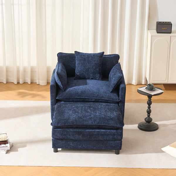 English Elm 39.4" Chenille Club Chair with Ottoman Solid Wood Frame Contemporary Living Room Seat Blue W3244P427715