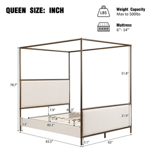 English Elm Queen Canopy Bed Linen Upholstered Iron Frame Open Silhouette Bedroom Focal Point N757Q343424I
