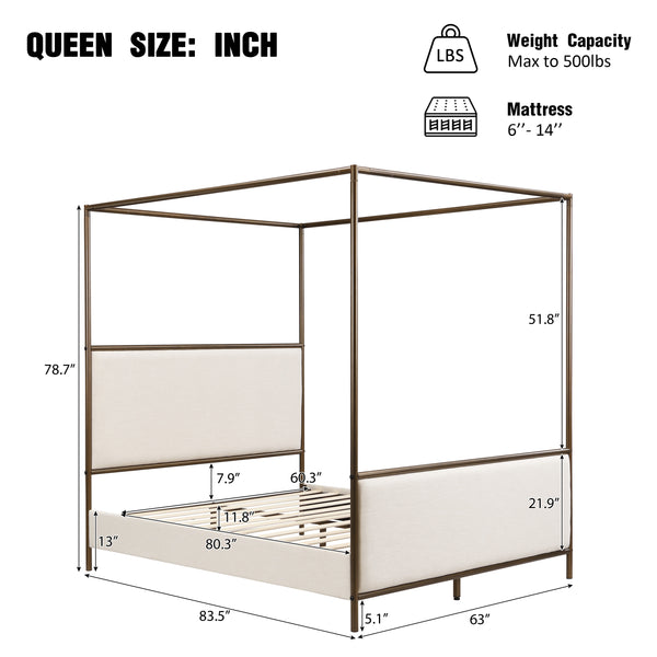 English Elm Queen Canopy Bed Linen Upholstered Iron Frame Open Silhouette Bedroom Focal Point N757Q343424I