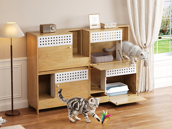 English Elm 2-piece Modern Cat Litter Box Enclosure Side Table Set with Hidden Storage N752S004342N