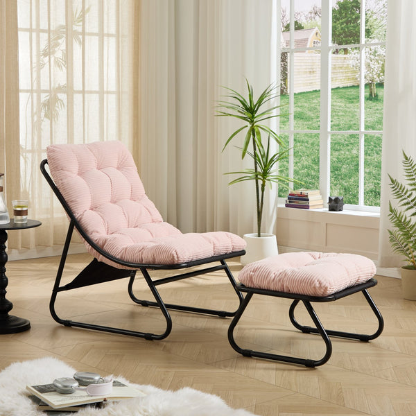 English Elm Patio Sling Lounge Chair with Ottoman Steel Frame Corduroy Cushion Indoor Outdoor W640P443497