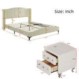 English Elm 3 Pieces Bedroom Set With Queen Size Pu Leather Upholstered Platform Bed and Elegant Pu Nightstand With 2 Drawers , Beige