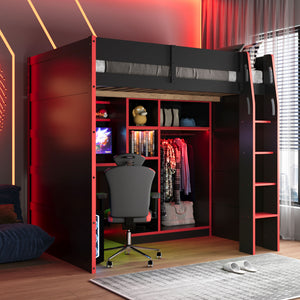 English Elm Full Size Loft Bed with Rgb Lighting Desk Open Wardrobe and Storage for Gaming Rooms Red LT000277AAR