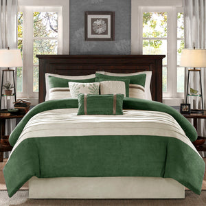 English Elm 7 PC Madison Park Palmer Faux Suede Comforter Set Cal King Green Beige Pieced Microsuede Design, Embroidered Pillows, Bedskirt, Machine Washable B03597221