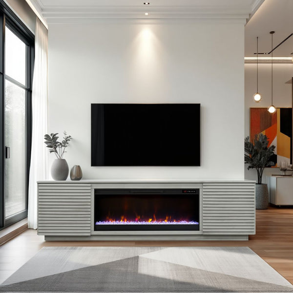 English Elm 89 Inch Fireplace TV Stand Sandstone Finish for TVs up to 100", Modern Poplar & Okume Console w/ Storage, 42" Insert, Remote and Cable Management B108P255365