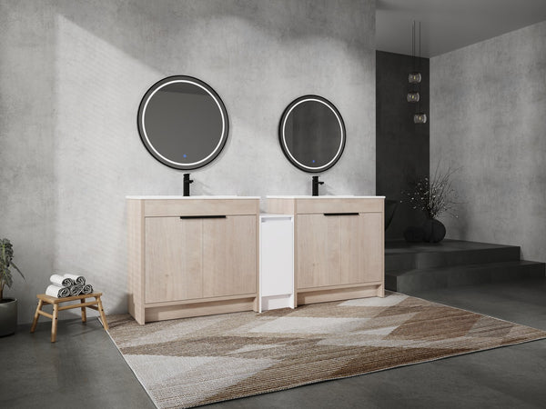 English Elm 84 Inch Freestanding Bathroom Vanity with Integrated Resin Sink, Soft-Close Doors, Shelves & Extra Storage Space Glossy White,Plain Light Oak W999S00320