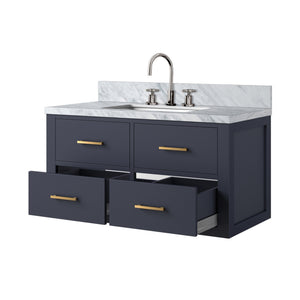 English Elm Blue Single Bath Vanity With Carrara Marble Top And Polished Chrome Faucet Set - Elegant Design! B2731P257968