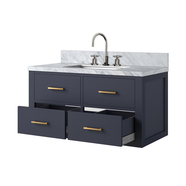 English Elm Blue Single Bath Vanity With Carrara Marble Top And Polished Chrome Faucet Set - Elegant Design! B2731P257968