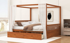 English Elm Wooden Canopy Queen Bed Solid Frame with Built-in Storage Drawers Slatted Base Walnut N7090005036L