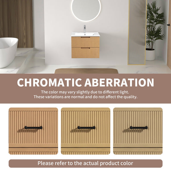English Elm 24 Inch Floating Bathroom Vanity With Ceramic Sink - Modern Wall-Mounted Storage Cabinet In Light Brown W1550S00034