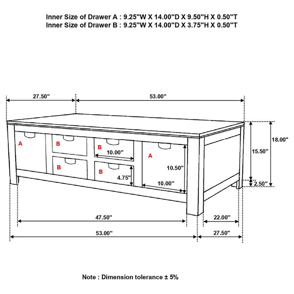 English Elm Salishan Sheesham 6-Drawer Coffee Table with Natural Grain, Warm Rustic Finish, Modern Cut-Out Handles and Ample Storage B062P331096