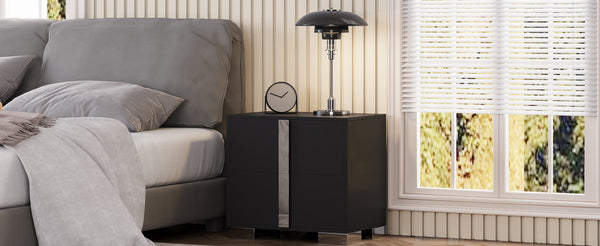 English Elm Modern Two Drawer Nightstand with Slim Metal Legs and Mirrored Bar Handles for Bedroom Black W5271P416540