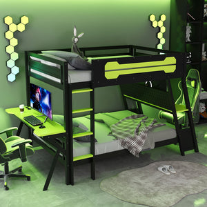 English Elm Full Size Gaming Bunk Bed with Dual Desks Usb Charging Ports and Pegboard Storage Green LT000274AAG