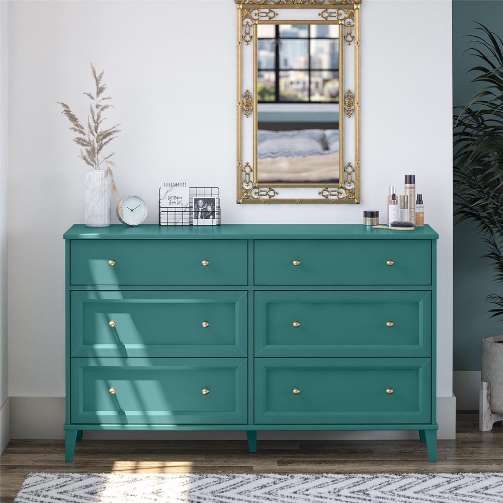 English Elm Monticello Six Drawer Wide Dresser with Brass Hardware and Tapered Legs Bedroom B2733S00013