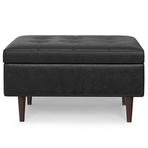 English Elm Shay Mid Century Storage Ottoman Coffee Table with Lift-Top, Tufted Vegan Leather, Wood Frame Distressed Black B136P252679