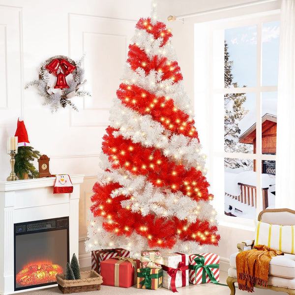 English Elm 6ft Candy Cane Christmas Tree with 300 Warm White LEDs, 904 Bendable Branches, Easy Assemble Joyfully Festive Decor N710P181789J