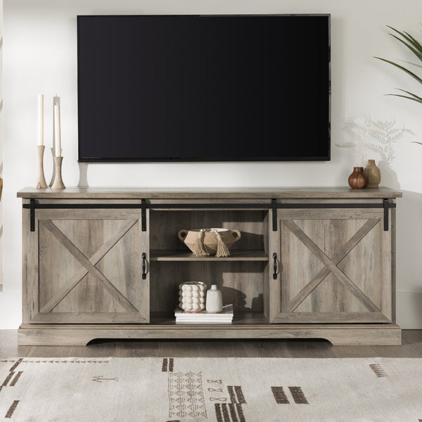 English Elm Walker Edison - Farmhouse Sliding X Barn Door TV Stand with Adjustable Shelves and Steel Hardware for 80" TVs Gray Wash 76 L x 27 W x 6 H B185P169394