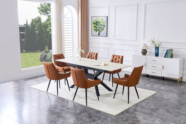 English Elm Modern Extendable Sintered Stone Dining Table with Auto-Lift, Scratchproof Waterproof Top & Black Metal Base W3493S00005