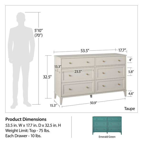 English Elm Monticello Six Drawer Wide Dresser with Brass Hardware and Tapered Legs Bedroom B2733S00013