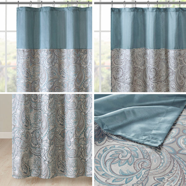 JLA Home Madison Park - Jacquard shower curtain with woven paisley texture, contrast top stripe, durable machine-washable style Teal MP70-8320