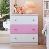 Wooden Nightstand with Colorblock Design, 3 Drawers, Plastic Handle, Storage Cabinet, Bedroom Side Table, White+Pink