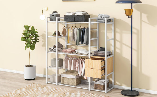 English Elm Open-Style Wardrobe Storage System with Heavy-Duty Metal Frame, Rails, Shelves & Drawers - Sleek Durable Design for Organized Living White SF000087AAK