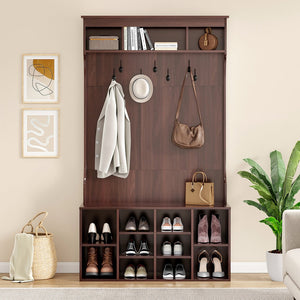 English Elm 70.9 Inch Freestanding Hall Tree with Bench Shoe Cubbies and 7 Hooks for Entryway Dark Walnut T3623P434554