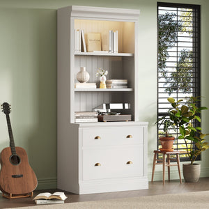 English Elm 83.4"Tall Modern Bookshelf With Led Lighting, 2 Drawers & 3 Adjustable Shelves For Stylish Storage Solutions N751S280594K