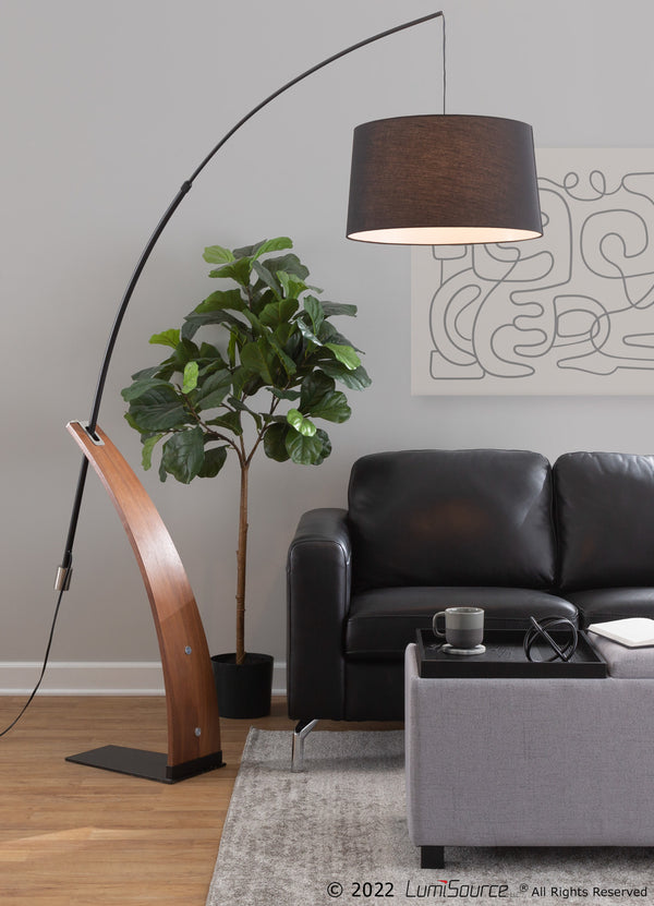 English Elm Mid-century Modern Arc Floor Lamp with Bentwood Base and Black Linen Reading Shade B202S02209