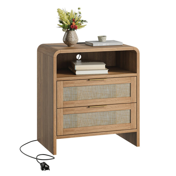 English Elm Rattan Drawer Nightstand Set with Built-in Charging Station and Open Shelf Bedroom Storage Caramel W1820P414047